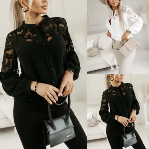 White Sexy Lace Blouse Women Shirts Hollow Out Autumn Spring Black Top Vintage Button Up Shirts Long Sleeve Tops Blouses 2025